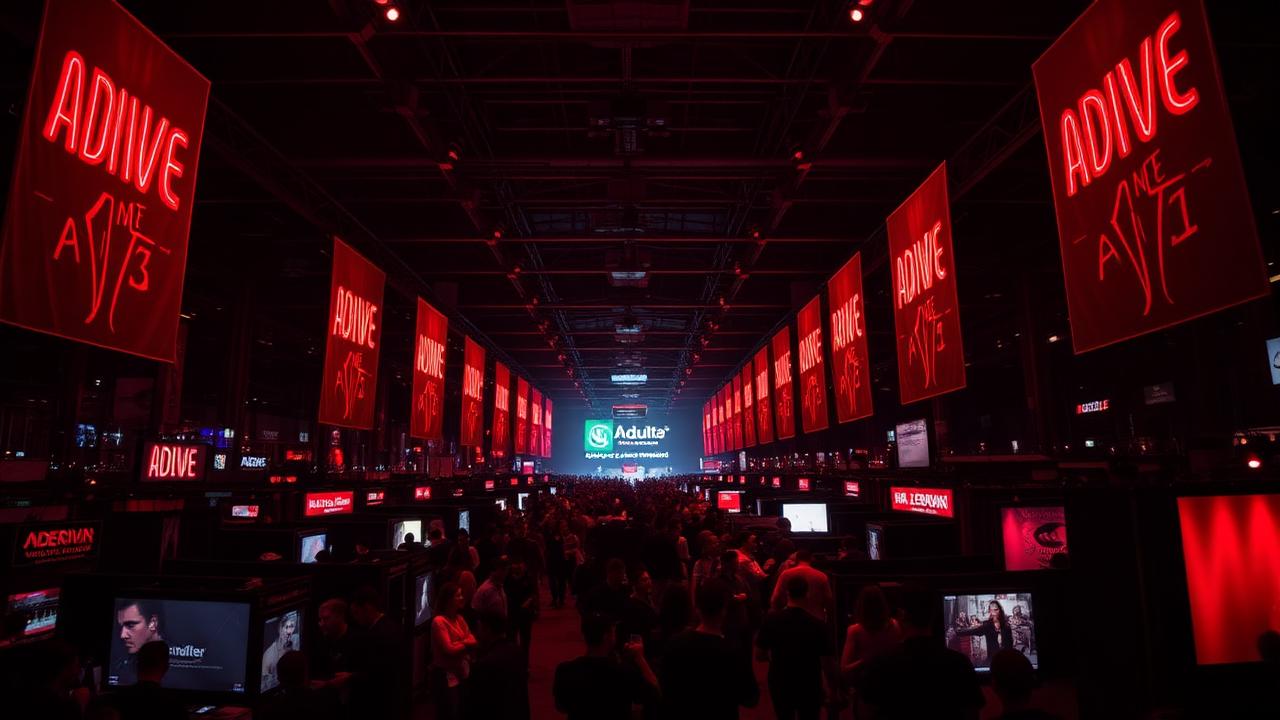 Crowded industry expo hall lit in red