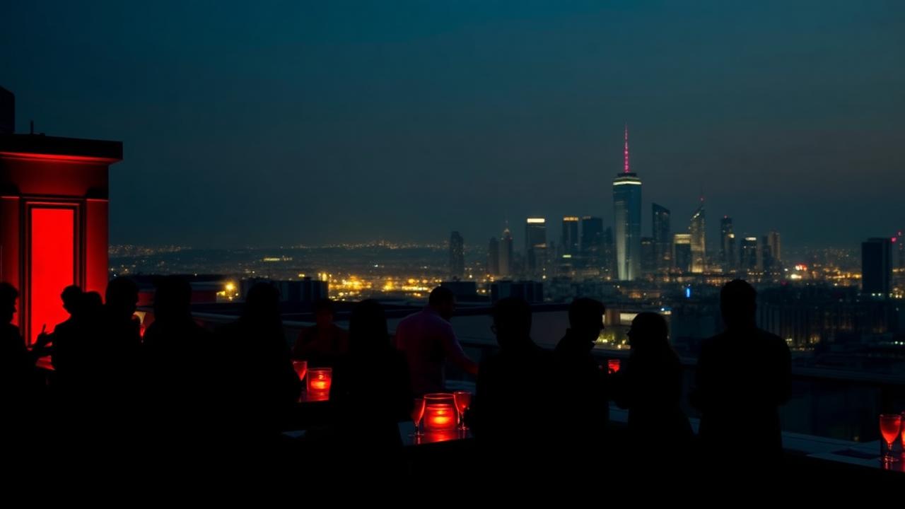 Rooftop lounge mixer at night